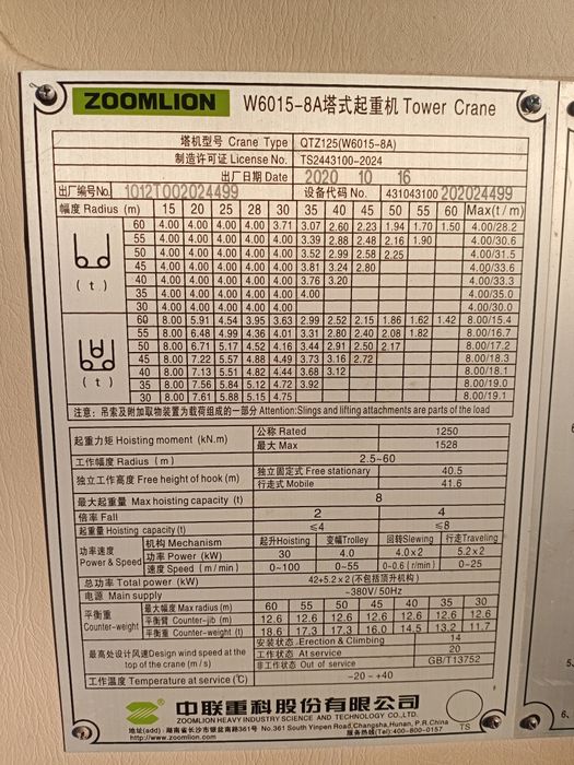 Башенный кран
ZOOMLION WA6013-8