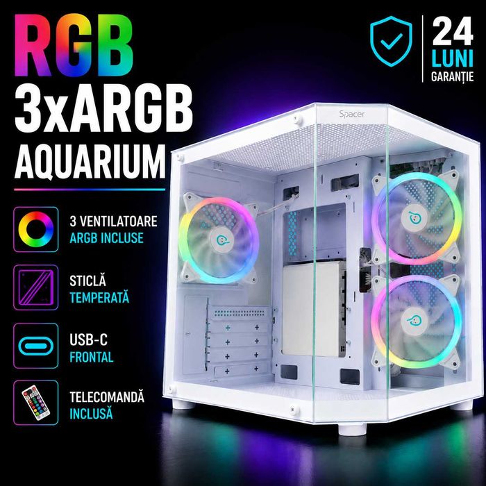 Carcasă Gaming Aquarium White 3xARGB USB-C Telecomandă 2 Ani Garanție