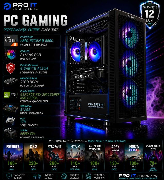 PC Gaming Ryzen 5500, 32GB DDR4, RTX 2070 Super 8GB DDR6, 512 Nvme