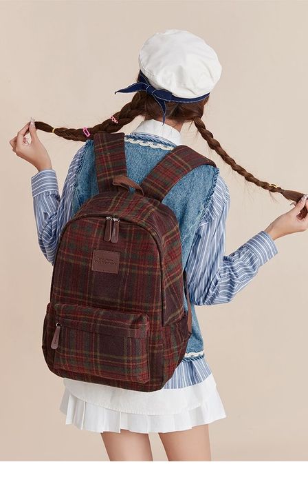 Женский мужской рюкзак осенне зимний ворсистый клетчатый вместительный