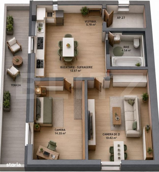 Apartament 2 camere, 56.96 mp + balcon 17 mp, zona Tudor