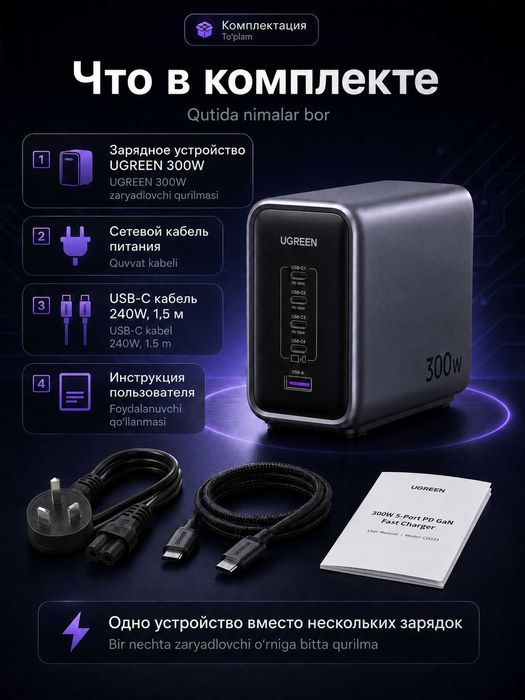 Зарядное устройство UGREEN Nexode 300W USB C GaN Charger-5 Ports