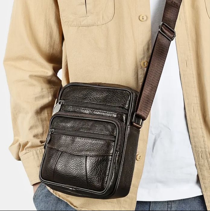 Мъжка универсална кожена чанта/Практична и удобна с черна естест. кожа