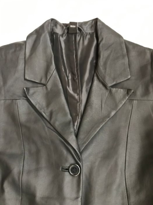 Pardesiu sacou lung negru dama piele naturala fina 3 buzunare