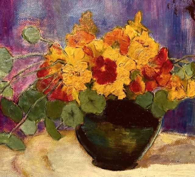 "Vas cu FLORI" Tablou VECHI, ulei/cart semnat Cca 65x55cm (50x40 pictu