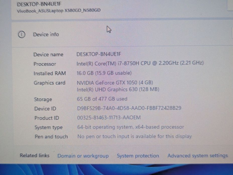 Laptop Asus Vivobook Pro i7 8750h GTX 1050