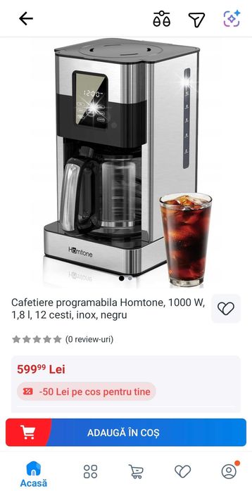 Cafetiere programabila Homtone, 1000 W, 1,8 l, 12 cesti, inox, negru