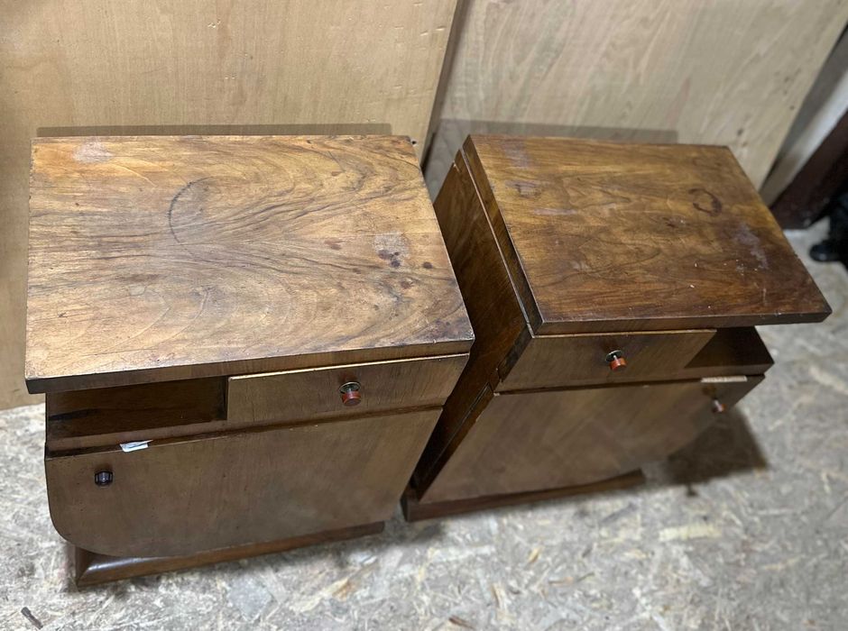 2 buc Noptiera Vintage Stil ArtDeco; Noptiera din Lemn cu usa si sertar