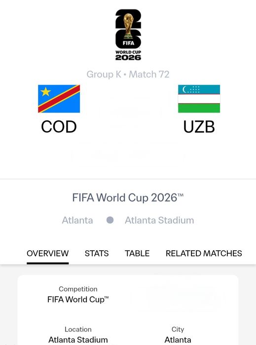 FIFA WORLD CUP билет Kongo VS Uzbekistan
