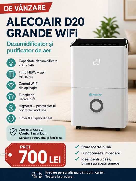 Dezumidificator + Purificator AlecoAir D20 Grande WiFi – 20L/zi