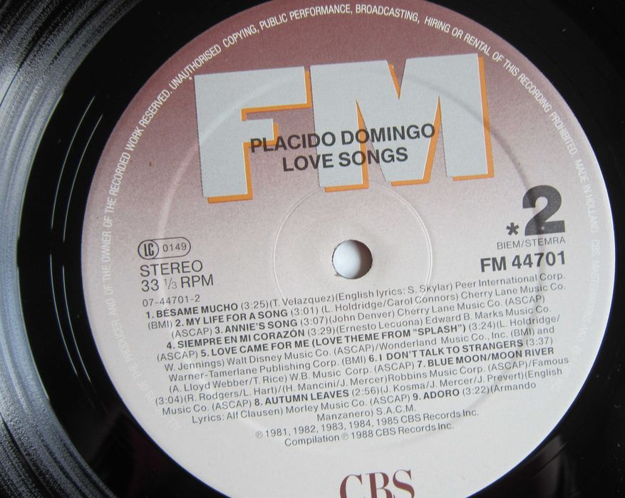 vinil rar Placido Domingo ‎-Greatest Love Songs ,Olanda 1988 impecabil
