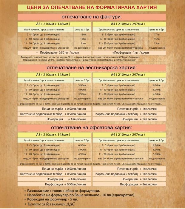 Печатни услуги-визитки,флаери,менюта,фактури,рекламни материали и др.