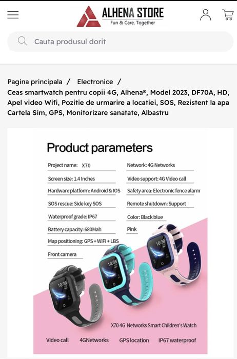 Ceas smartwatch pentru copii 4G, AlhenaModel, , HDApel video Wifi,