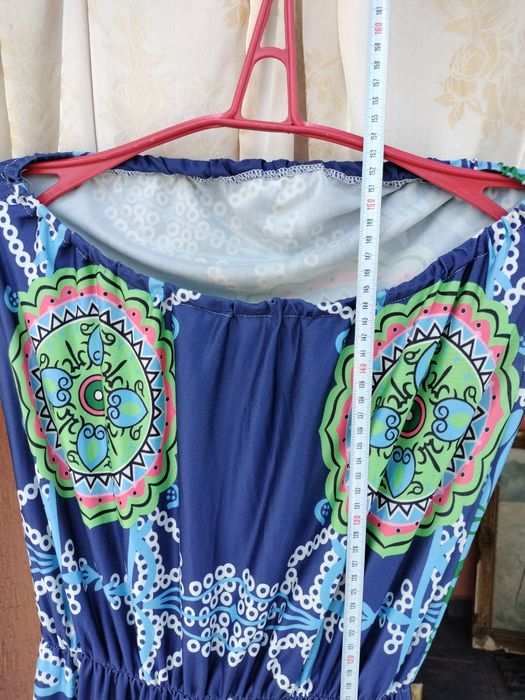 Salopetă de damă / Jumpsuit Casual – Print Mandala / Boho, Albastru cu Verde și Roz, Fără Mâneci