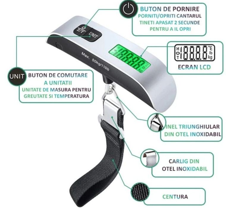 Cantar digital portabil pentru bagaje LCD max 50 kg functia TARE