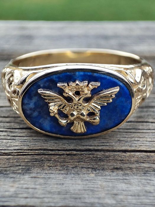Inel aur Faberge 14k Lapis Lazuli ghiul aur barbatesc diplomat Frankli