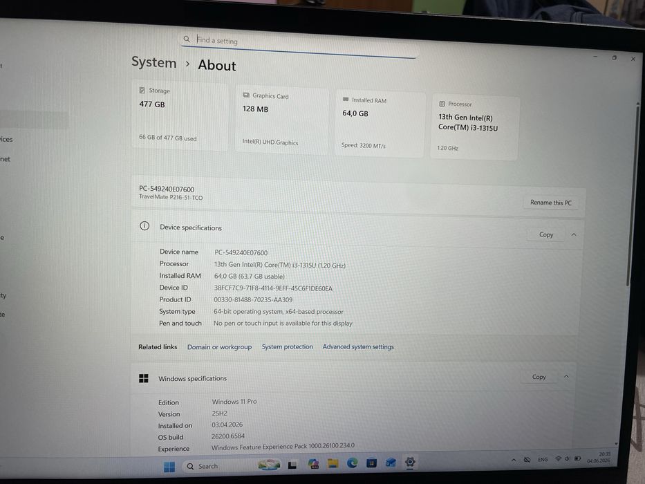 Acer TravelMate P2 16 inch • i3 Gen 13 • 64 GB RAM