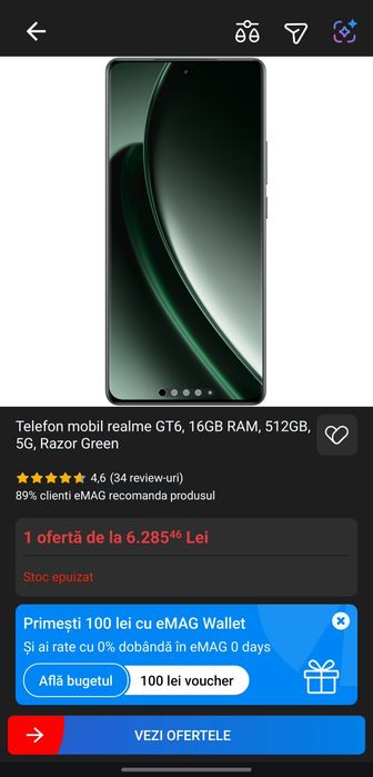 Telefon mobil realme GT6, 16GB RAM, 512GB, 5G, Razor Green