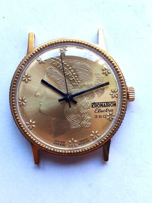 ceas KRONATRON Electra 360 ,Model RAR, Swiss Made , reprezentand capul Statuii Libertatii din America, placar cu aur