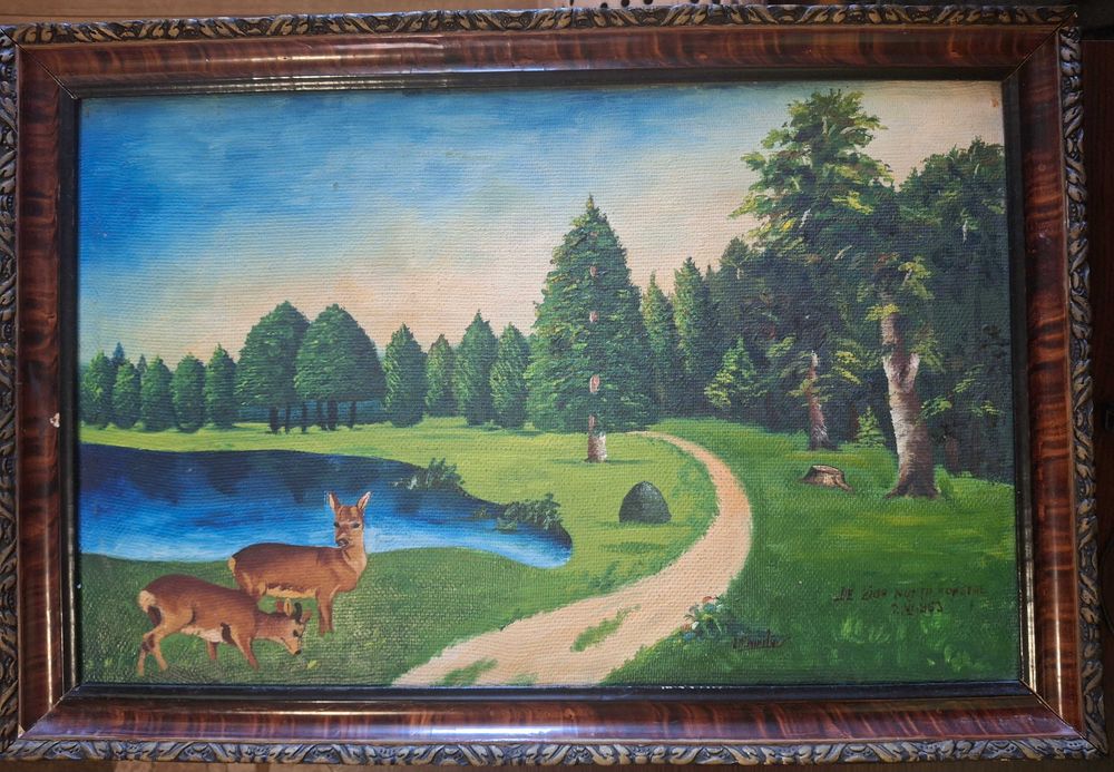 Tablou vechi in ulei pe panza, semnat, caprioare langa lac, 36x56 cm