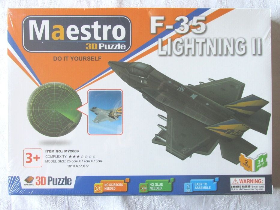 Puzzle 3D Avion F-35, 34 piese, joc constructie nou, in cutie sigilata