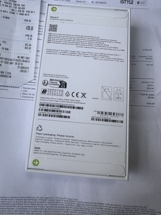 iPhone 17 256GB White / Alb Sigilat Necodat Nou Factura + Garantie 24 de luni
