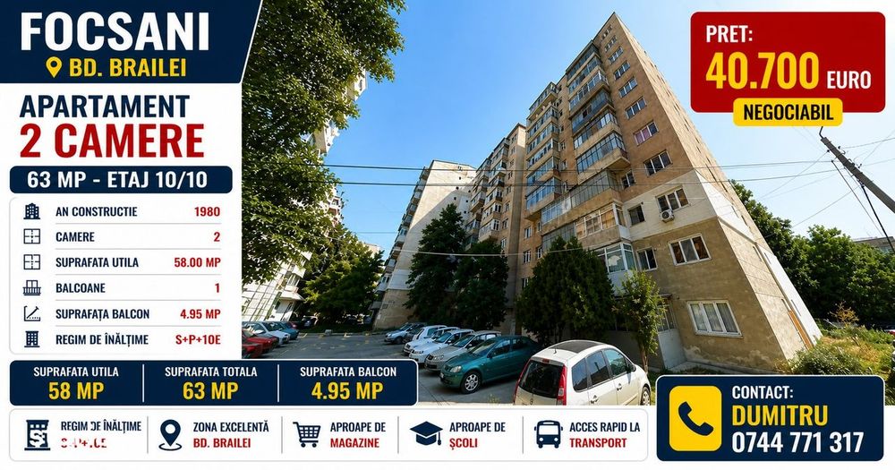 Focsani - bd. Brailei, Apartament 2 camere 63 mp - 10/10