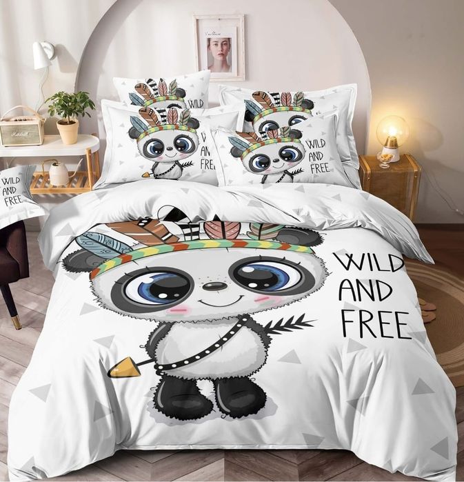 Lenjerie pat dublu, bumbac, finet, 6 piese, Happy Panda