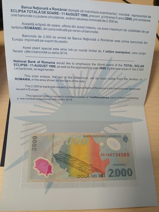 Vand bancnote 2000 lei Eclipsa din 1999 seria 001A, consecutive, pret 1000 lei