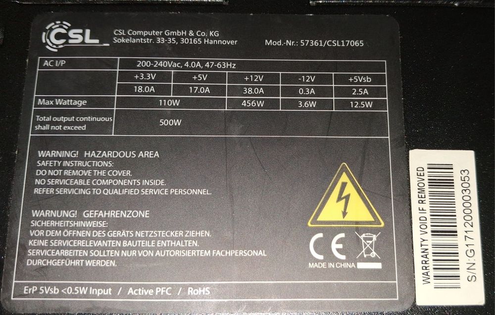 Захранване CSL 500W Active PFC  80 Plus Bronze