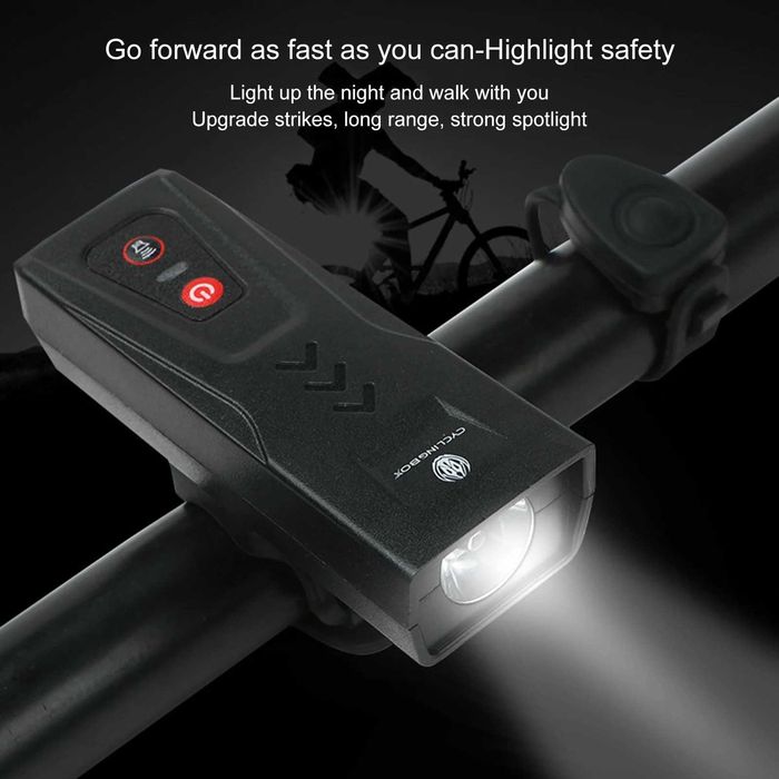 Предна LED светлина за велосипед с клаксон XLT-105, 210LM, USB, Фар