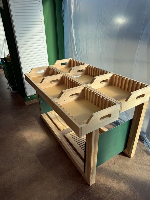 Pachet mobilier aprozar lemn 5 piese - Gondola 2,5x1,5m 16 sertare + 2 insule