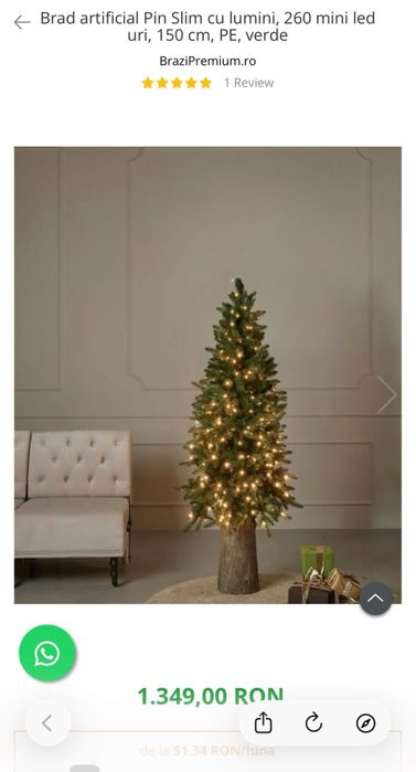 Brad Premium artificial Pin Slim cu lumini, 260 mini led uri, ace 3D, + Suportul tip trunchi