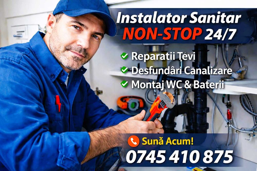 Instalator Sanitar Apa NON-STOP 24/7  Reparații Țevi, Urgente
