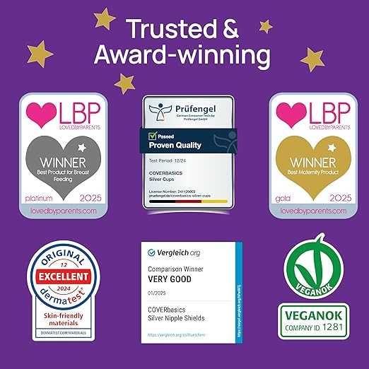 COVERbasics – Сребърни чашки за кърмене, защита на чувствителни и разранени зърна, медицинско изделие, 2 бр., произведени в Италия