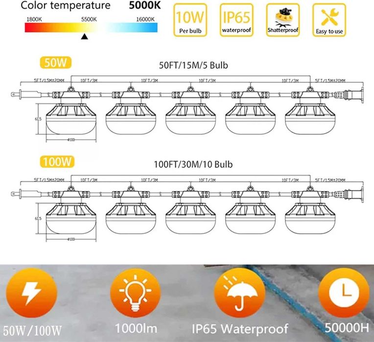 LED работна лампа 30 метра 100W, 10 вградени лампи, 5000LM, IP66