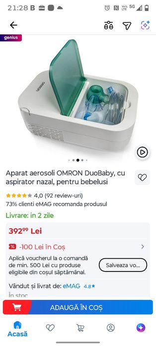 Aparat aerosoli OMRON DuoBaby, cu aspirator nazal, pentru bebelusi