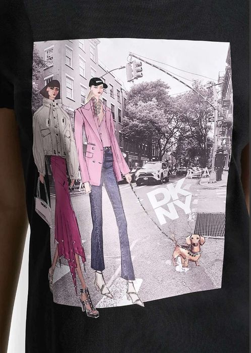 DKNY Донна Карън Оригинал с етикет! Черна блуза с ЛОГО графика с кристали. Фина 95% ПАМУК, размер M  Нов внос от САЩ!