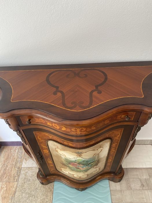 Comoda Lemn Masiv Pictura Bronz Intarsii Vintage