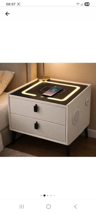 Noptiera smart cu incarcare wireless, fara boxe, iluminare LED cu touch, 2 sertare, porturi USB,