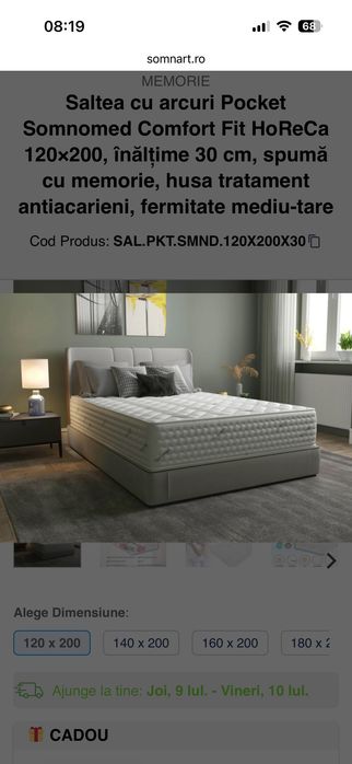 Saltea cu arcuri Pocket Somnomed Comfort Fit HoReCa 120×200, înălțime 30 cm, spumă cu memorie, husa tratament antiacarieni, fermitate mediu-tare