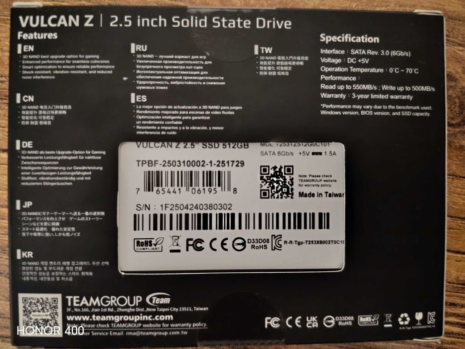 SSD VULCAN Z 512Gb Ns100 2.5’ Sata III 6Gb/s SSD