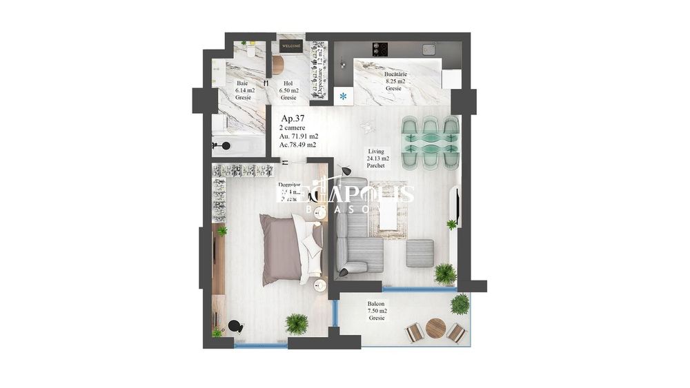 Apartament cu 2 camere | Noua | 68 mp Utili