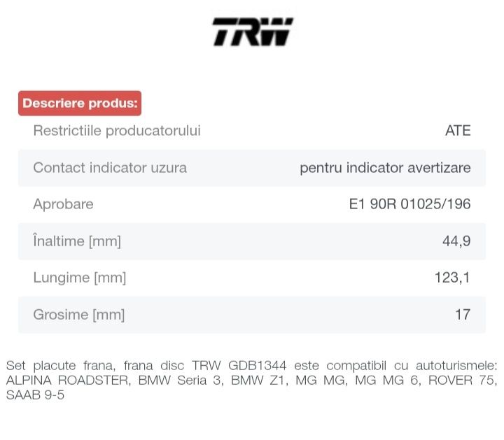 SET PLACUTE FRÂNA DISC TRW. Alpina Roadster,BMW S 3  ,MG6,Rover75,SAAB