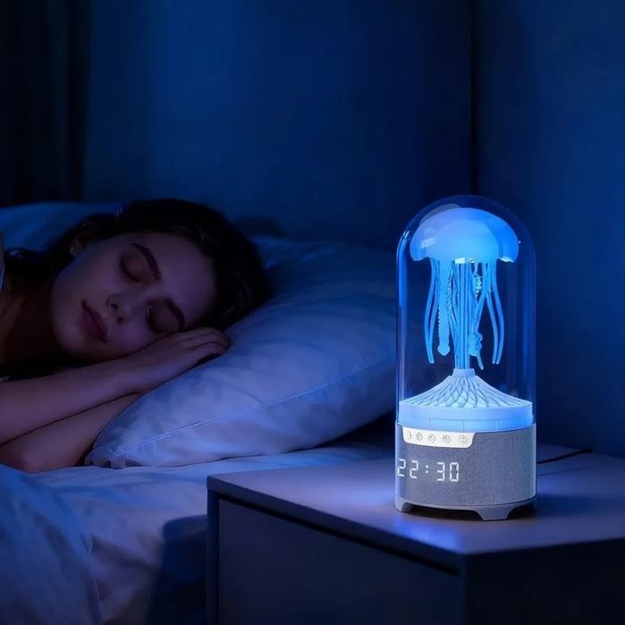 Светодиодная лампа ночник медуза колонка с часами беспроводная