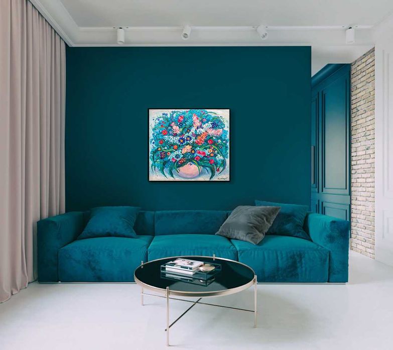 Картина. Бирюзовый букет. Холст, масло. 75х85 см.