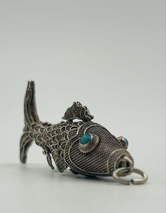Сребърна старинна риба филигран  Китай с Тюркоаз