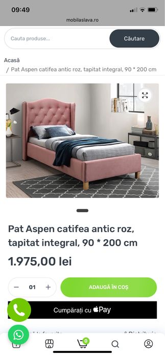 Pat Aspen catifea anitic roz ,90x200cm Incus cu saltea