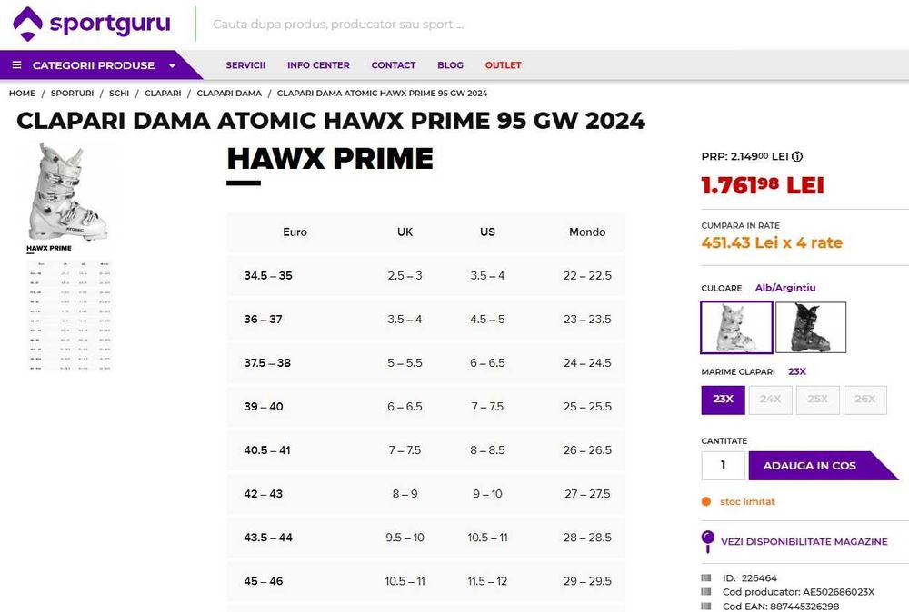 Clapari dama ATOMIC HAWX Prime 95 GW 2024 White/silver – CA NOI!