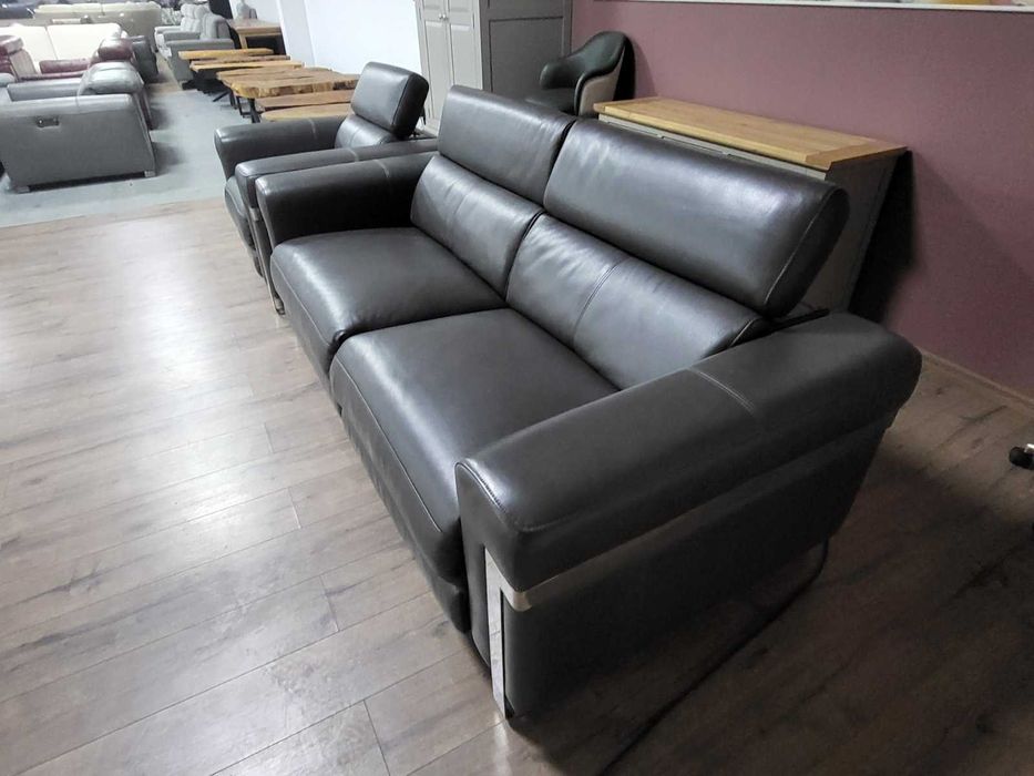 Сив кожен диван тройка и фотьойл Moreno с ел. релакс механизъм